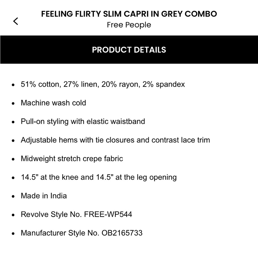 FP FEELING FLIRTY SLIM CAPRI IN GREY COMBO size 2 NWT - Picture 5 of 11
